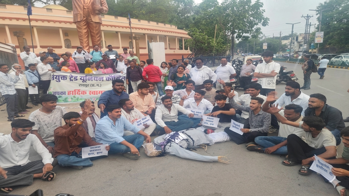 रायपुर में ट्रेड यूनियनों का प्रदर्शन, गिरफ्तार मजदूरों की रिहाई और ₹26 हजार न्यूनतम वेतन की मांग