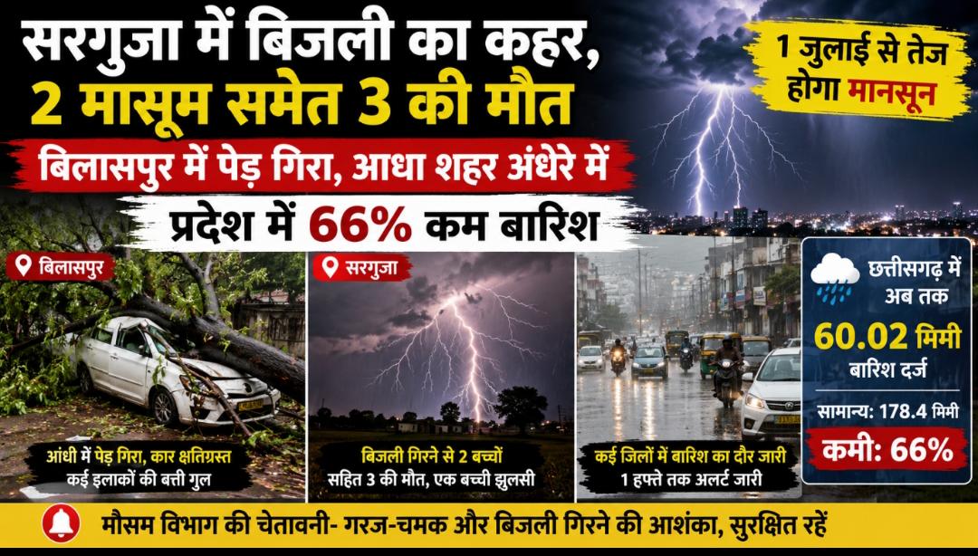 CG Weather: सरगुजा में बिजली का कहर, बिलासपुर में पेड़ गिरा; अब तक 66% कम बारिश, मौसम विभाग का अलर्ट