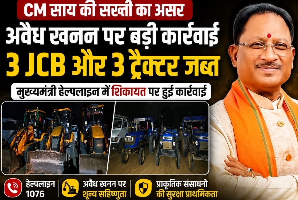 CM साय की सख्ती का असर: अवैध खनन पर बड़ी कार्रवाई, 3 JCB और 3 ट्रैक्टर जब्त