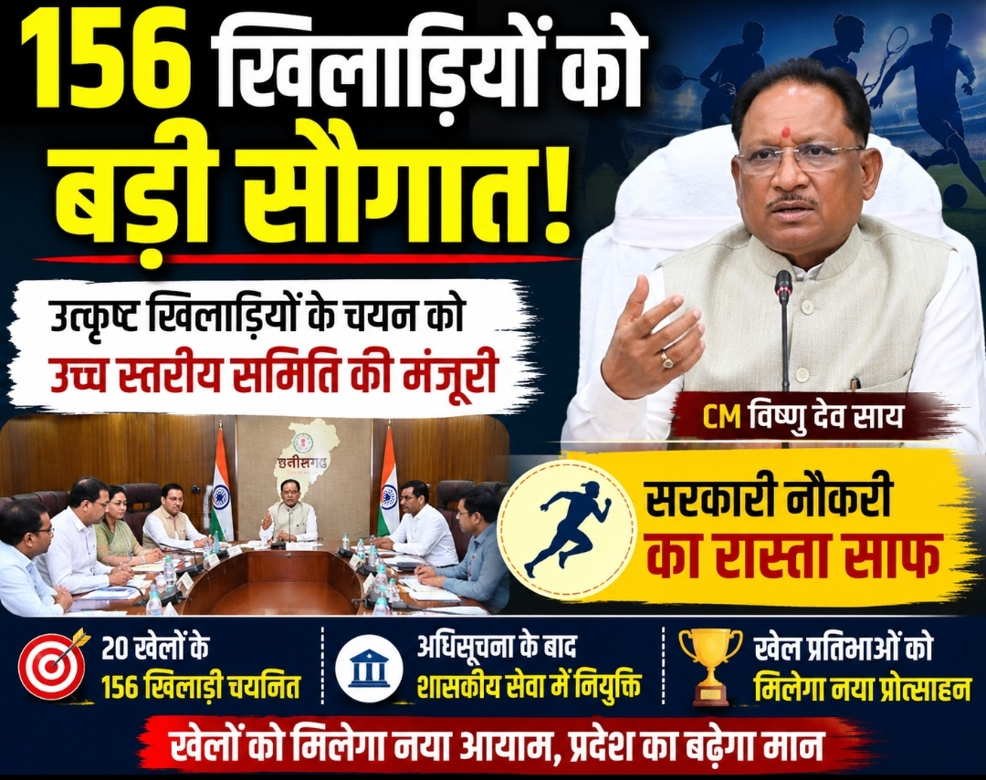 156 खिलाड़ियों का इंतजार खत्म: CM साय की बैठक में उत्कृष्ट खिलाड़ियों के चयन को मंजूरी, सरकारी नौकरी का रास्ता साफ