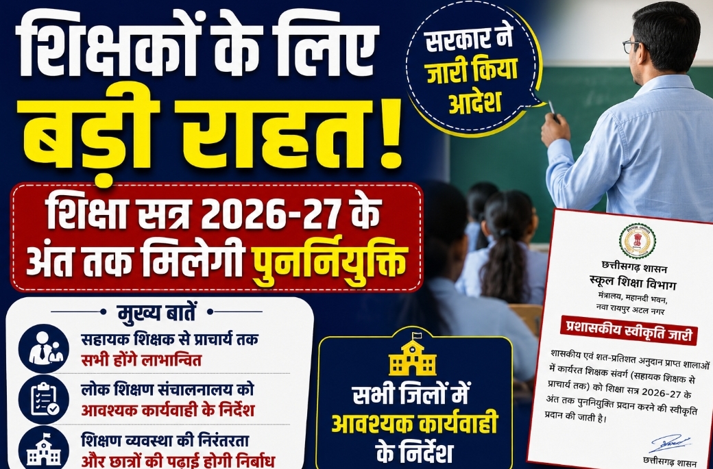 शिक्षकों के लिए बड़ी राहत: शिक्षा सत्र 2026-27 तक मिलेगी पुनर्नियुक्ति, सरकार ने जारी किया आदेश
