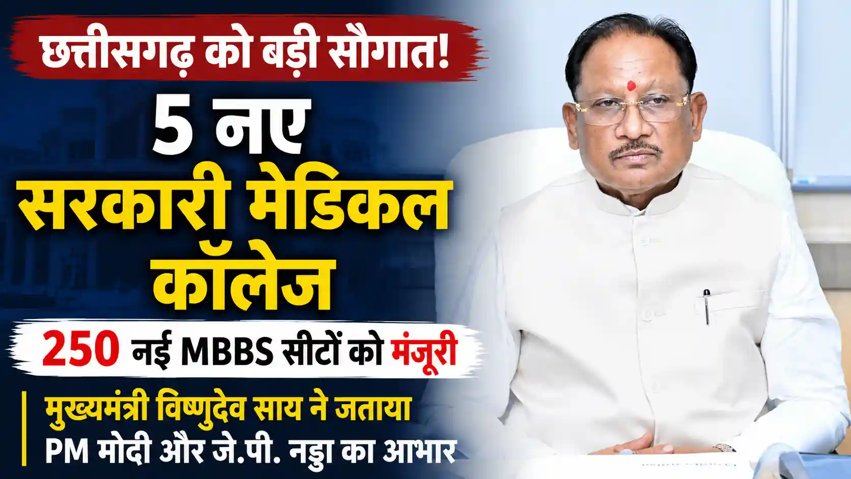 छत्तीसगढ़ को मिले 5 नए सरकारी मेडिकल कॉलेज, 250 MBBS सीटों को मंजूरी; मुख्यमंत्री विष्णुदेव साय ने जताया केंद्र का आभार