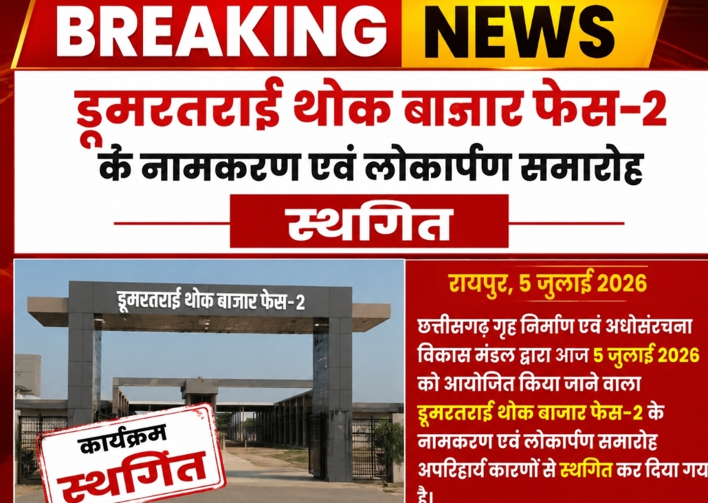 BREAKING: डूमरतराई थोक बाजार फेस-2 के नामकरण और लोकार्पण समारोह पर लगी रोक, कार्यक्रम स्थगित