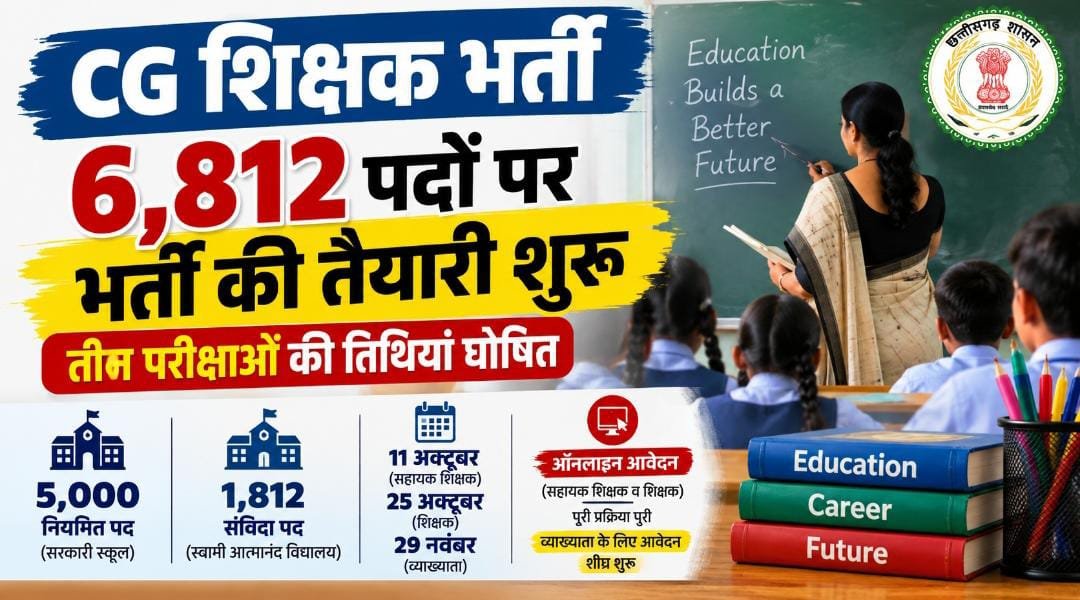 CG में शिक्षक भर्ती का शेड्यूल जारी: 6,812 पदों पर होगी भर्ती, अक्टूबर से परीक्षाएं